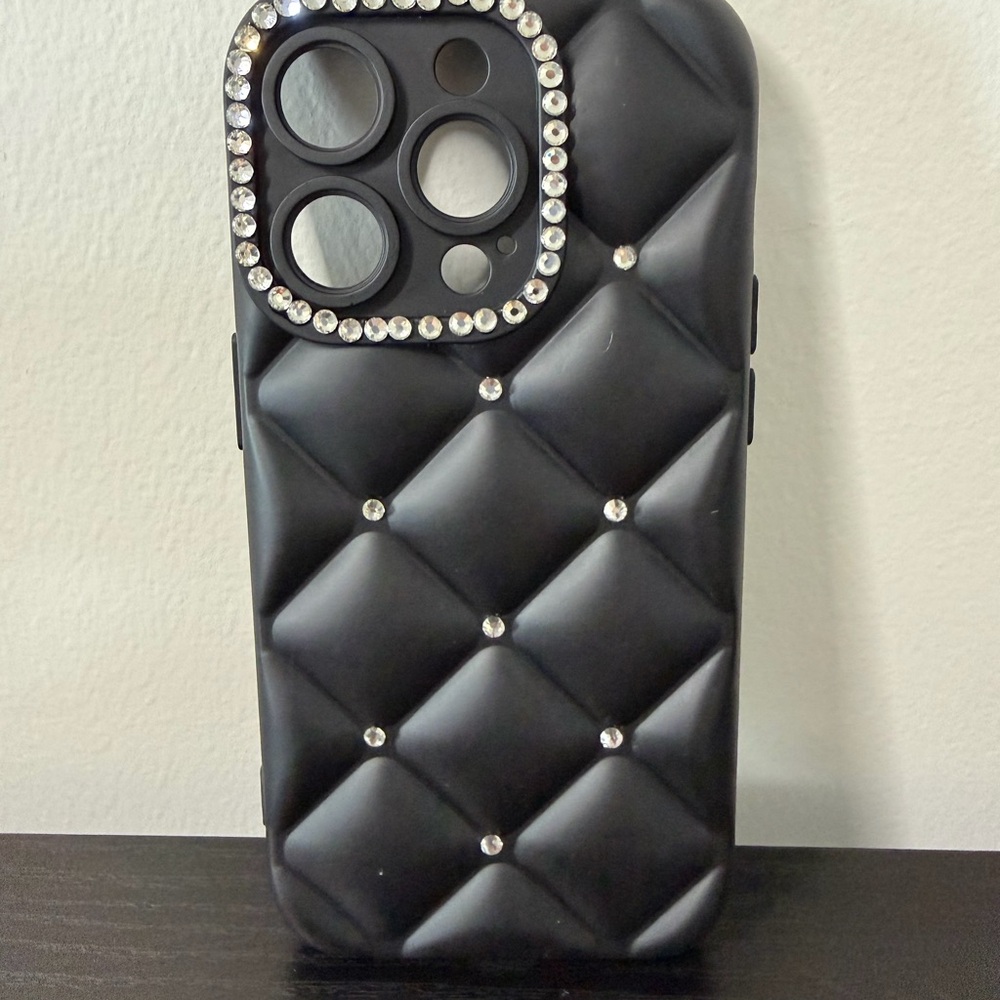 iPhone 14 Pro Elegant Black Quilted Phone Case with Rhinestones